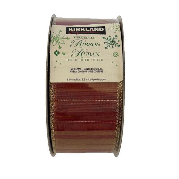 Kirkland Christmas Ribbon Wire-Edged Red Gold 50 Yards 2.5” Width - Picture 1 of 7